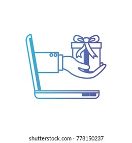 laptop computer and hand holding gift box of purchase online in degraded blue to purple color contour
