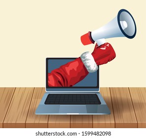 Laptop computer and hand holding a megaphone over wooden and white background, colorful design, vector illustration