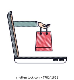 laptop computer and hand holding shopping bag of purchase online in colored crayon silhouette