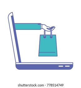 laptop computer and hand holding shopping bag of purchase online in blue and purple color sections silhouette