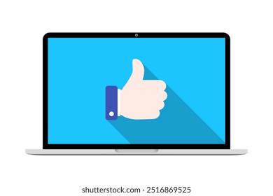 Laptop computer with hand like icon in flat design. Notebook with thumb up concept