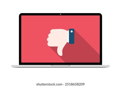 Laptop computer with hand thumb down icon in flat design. Notebook with dislike concept