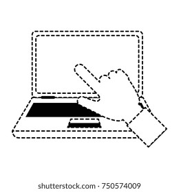 laptop computer with hand touching