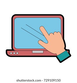 laptop computer with hand user touching