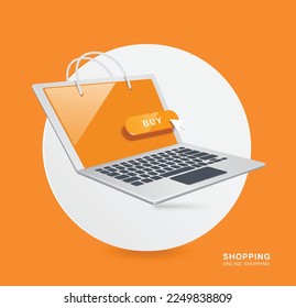 Laptop computer with a handle that looks like shopping bag and there is buy button display on screen and all place on white circle,vector 3d isolated for e commerce,delivery,online shopping concept