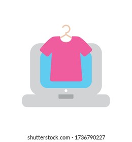 laptop computer and hanger with tshirt icon over white background, flat style, vector illustration
