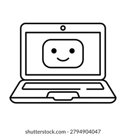 Laptop computer with happy robot face screen computer technology software friendly communicatio