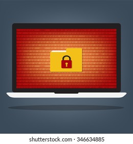 Laptop computer have folder locked key with ransomeware and malware on red binary code desktop background. Vector illustration computer security concept.