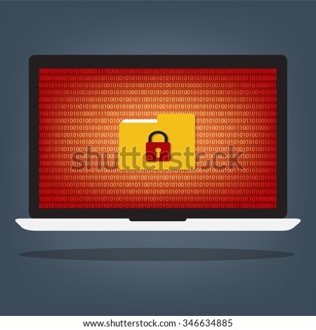 Laptop computer have folder locked key with ransomeware and malware on red binary code desktop background. Vector illustration computer security concept.