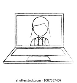 laptop computer with head of woman in screen