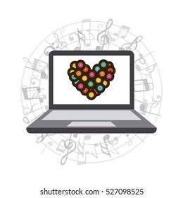 laptop computer with heart icon on screen over white background. music and technology concept. colorful design. vector illustration