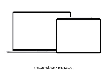 Laptop Computer And Horizontal Tablet With Stylus Mockup, Front View. Vector Illustration