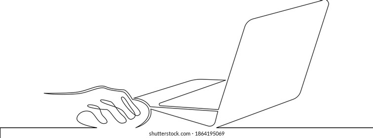Laptop computer, human hands brush typing text on the keyboard. Working at the computer.One continuous drawing line, logo single hand drawn art doodle isolated minimal illustration.