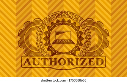laptop computer icon and Authorized text abstract orange realistic emblem. Geometric fashionable background. Vector illustration. 