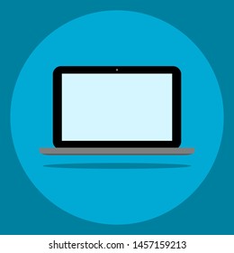 laptop computer icon with blank blue screen with shadow in blue circle logo isolated on dark blue color background. vector illustration