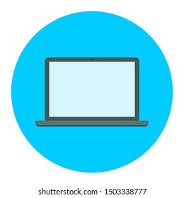laptop computer icon with blank blue screen on blue circle logo isolated on white background. vector illustration