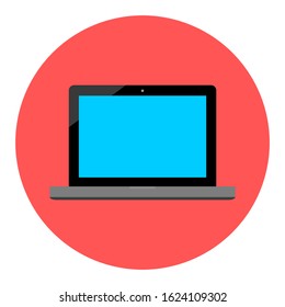 laptop computer icon with blank blue screen on red circle isolated on white background. vector illustration