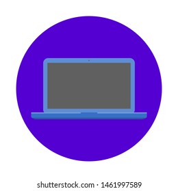 laptop computer icon with blank dark screen in blue circle isolated on white background. vector illustration