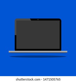 laptop computer icon with blank dark screen display on blue background. vector illustration 