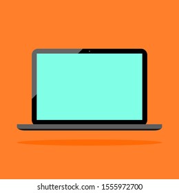 laptop computer icon with blank green screen on orange color background. vector illustration