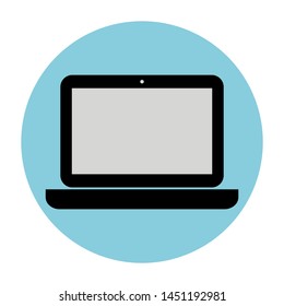 laptop computer icon with blank grey screen in blue circle isolated on white background. vector illustration