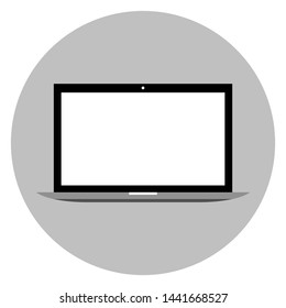 laptop computer icon with blank white screen in grey circle logo isolated on white background. vector illustration