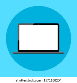 laptop computer icon with blank white screen on dark blue circle logo isolated on blue background. vector illustration 