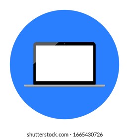 laptop computer icon with blank white screen on blue circle symbol isolated on white background. vector illustration