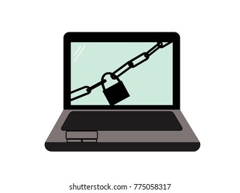Laptop computer icon with chain and padlock in the screen. Vector or illustration isolated on white background.