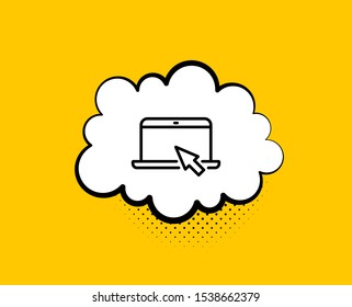 Laptop computer icon. Comic speech bubble. Notebook with mouse cursor sign. Portable personal computer symbol. Yellow background with chat bubble. Portable computer icon. Colorful banner. Vector