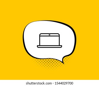 Laptop computer icon. Comic speech bubble. Notebook sign. Portable personal computer symbol. Yellow background with chat bubble. Laptop icon. Colorful banner. Vector