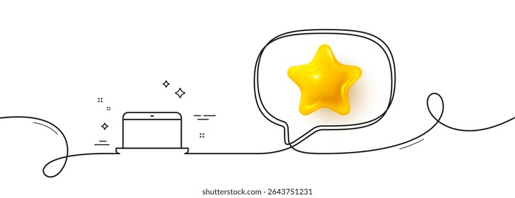 Laptop computer icon. Continuous line with 3d star. Notebook sign. Portable personal computer symbol. 3d star in speech bubble. Laptop single line ribbon. Loop curve pattern. Vector