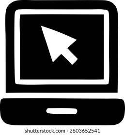 Laptop computer icon with cursor arrow on screen. Symbolic representation of user interaction, digital workspace, online access, and modern computing technology interfaces.
