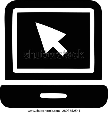 Laptop computer icon with cursor arrow on screen. Symbolic representation of user interaction, digital workspace, online access, and modern computing technology interfaces.