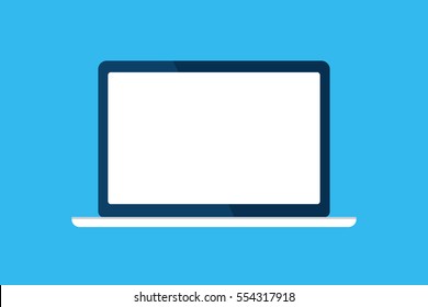 Laptop, computer icon. Device isolated on blue. White screen, template blank, mock up. Vector cartoon flat illustration for web site, mobile app, UI