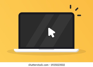 Laptop computer icon. Display with pointer mouse arrow cursor clicking on computer screen. Notebook mock up front view. Online services, web design, e-commerce and marketing, laptop cursor.