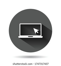 Laptop computer icon in flat style. Cursor on notebook vector illustration on black round background with long shadow effect. Monitor circle button business concept.