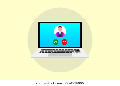 laptop computer with icon, Laptop with incoming call, man profile picture and accept decline buttons