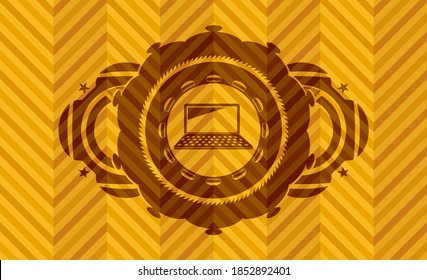 laptop computer icon inside abstract orange color realistic emblem. Geometric graceful background. Illustration. 