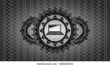 laptop computer icon inside black abstract realistic emblem. Pattern fancy background. Illustration. 