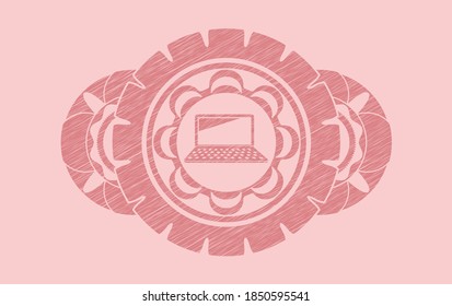icono del ordenador portátil dentro de la insignia de trazo rosado. Fondo clásico de color rosa. Ilustración artística. 