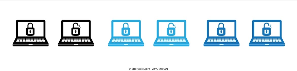 Laptop computer icon with lock and unlock icons. Padlock security concept on notebook screen, vector illustration