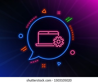Laptop computer icon. Neon laser lights. Notebook Service sign. Portable personal computer symbol. Glow laser speech bubble. Neon lights chat bubble. Banner badge with notebook Service icon. Vector