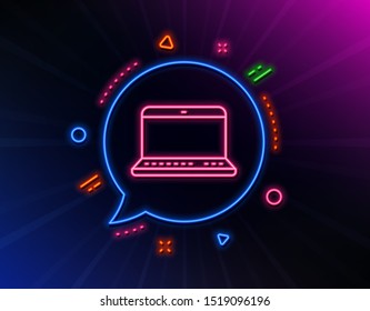 Laptop computer icon. Neon laser lights. Notebook sign. Portable personal computer symbol. Glow laser speech bubble. Neon lights chat bubble. Banner badge with notebook icon. Vector