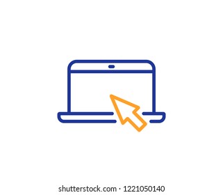 Laptop computer icon. Notebook with mouse cursor sign. Portable personal computer symbol. Colorful outline concept. Blue and orange thin line color icon. Portable computer Vector