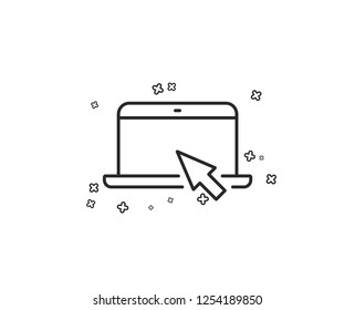Laptop computer icon. Notebook with mouse cursor sign. Portable personal computer symbol. Geometric shapes. Random cross elements. Linear Portable computer icon design. Vector