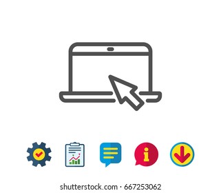 Laptop computer icon. Notebook with mouse cursor sign. Portable personal computer symbol. Report, Service and Information line signs. Download, Speech bubble icons. Editable stroke. Vector
