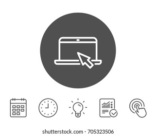 Laptop computer icon. Notebook with mouse cursor sign. Portable personal computer symbol. Report, Clock and Calendar line signs. Light bulb and Click icons. Editable stroke. Vector