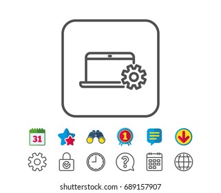 Laptop computer icon. Notebook Service sign. Portable personal computer symbol. Calendar, Globe and Chat line signs. Binoculars, Award and Download icons. Editable stroke. Vector