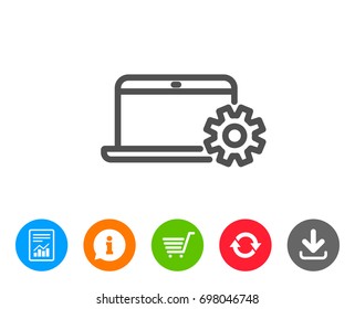 Laptop computer icon. Notebook Service sign. Portable personal computer symbol. Report, Information and Refresh line signs. Shopping cart and Download icons. Editable stroke. Vector